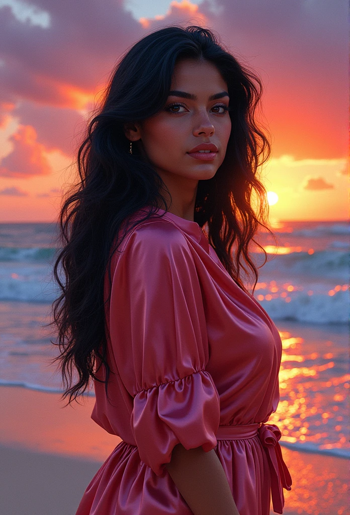 a water color painting of a Mexican woman, plump and curvy body, with a silk shirt and a colorful sunset beach background, gorgeous digital painting, beautiful character painting, elegant digital painting, fully clothed. painting of sexy, hd digital painting, beautiful digital painting, detailed painting 4 k, stunning digital painting, gorgeous woman, realistic female portrait, beautiful digital artwork, Mexican woman with black hair