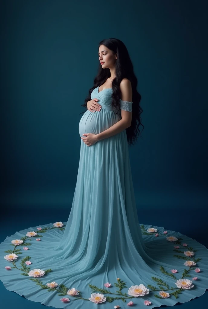 pragnant girl with long gown spred in floor  and gown made with flower , dark blue background