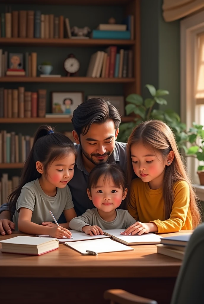 one with three girls and their parents: man and woman, gathered together studying.