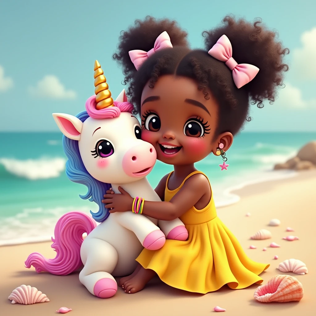 Very Yellow Dress - Little Black Girl - Lots of Hair, curly and with two buns with unicorn bows.
- Hugging a stuffed unicorn, com marshmallows, and bracelets on the arms.
- The strength of your entity: Beachside - Eye Color: Dark Brown - Use of Makeup: No - giving a beautiful laugh - Position: sitting on the beach - With seashells and fish on the seashore - The appearance of a 4-year-old Mariazinha da Praia.
