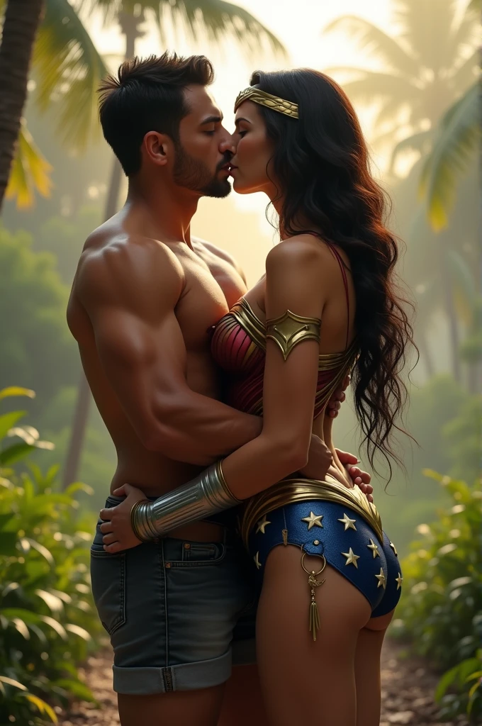 Wonder Woman Kissing A Shirtless Man On The Lips But Wearing Pants And Shorter Than Her