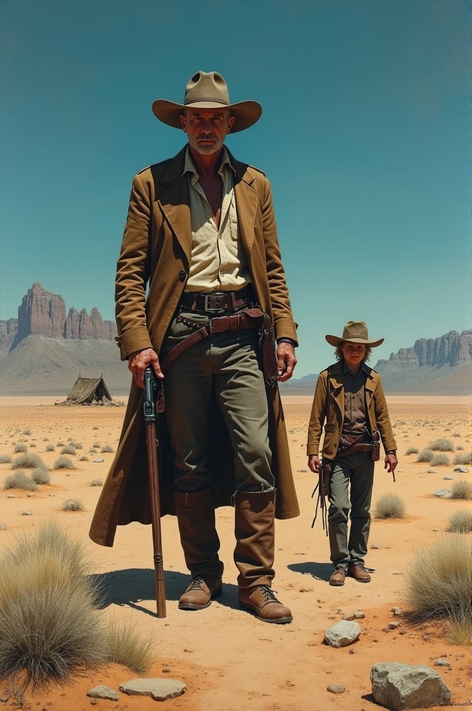 I want you to create a painting of the protagonists of the book Blood Méridian Senate in the middle of the desert