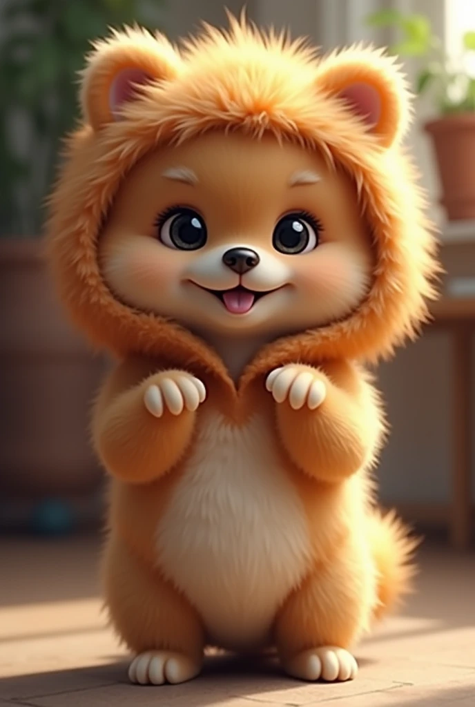 A small Pomeranian puppy standing facing forward with its front legs raised。Realistic feel。
Big eyes with a cute, human-like expression。Slightly larger head than body。limbs are short。A fluffy, large tail。
Wearing a fluffy lion costume。Glossy texture。
Background is indoors。


