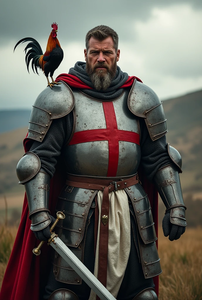 A medieval warrior from England is wearing armor with the flag of England. In one hand, he holds an upside down rooster with the flag of France and in the other a sword