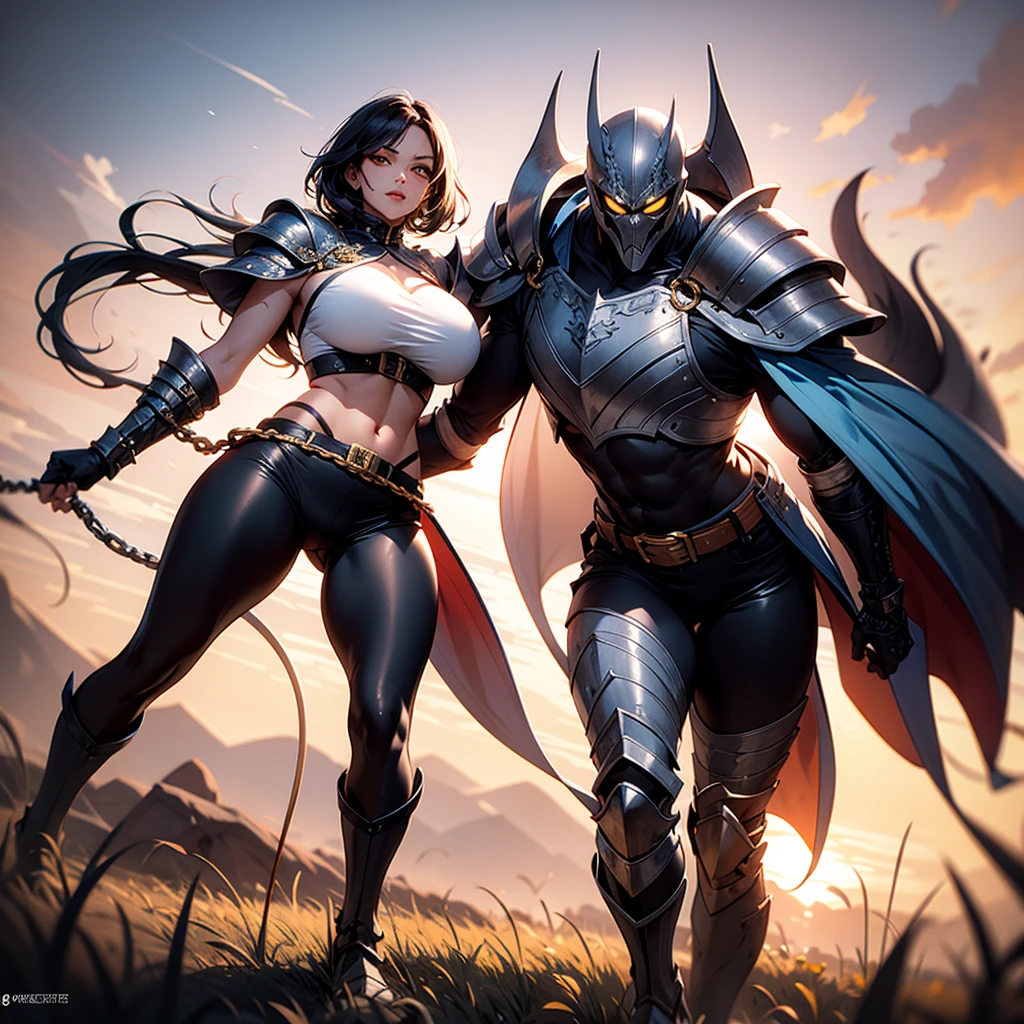 ((best quality)), (detailed), 1 women dark knight, 8k_wallpaper, extremely detailed eyes, (large masterpiece digital art), (intricate details:1.3 ), (ultra-detailed:1.3), (sharp focus:1.3), (natural lighting:1.05), (vivid colors:1.3), (best quality:1.4), expressive eyes, full body, detailed face, beautiful face, perfect face, ((hair black curls)), (gold eyes), {{dark skin}}, ({dark skinned female}), (big breasts), huge chest, big wide ass, powerful relief muscles of the abdomen and legs, powerful strong muscles of the arms, a predatory and daring look, a predatory smile with a lot of fangs, heavy steel armor of Japan and China, a wide yellow belt with chains and a large buckle, leather pants with steel shields on the hips and a skirt made of steel plates, clutching a two-handed saber in his hands, standing in the background battlefields in the middle of flower-filled fields stained with blood at sunset, medieval and dark fantasy style,