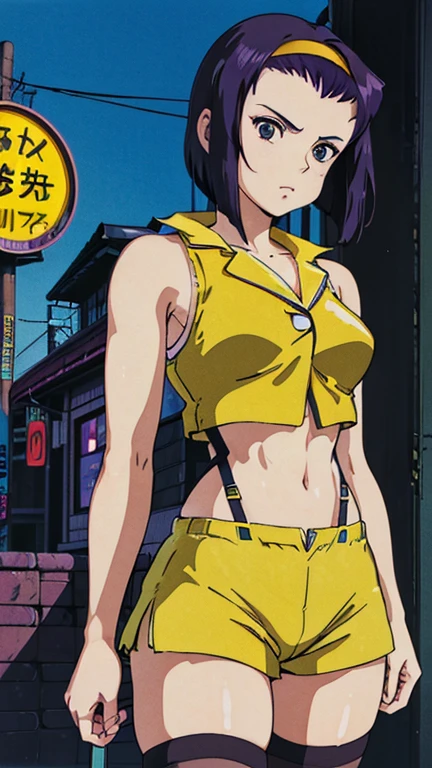 (1girl, faye valentine), (extremely detailed CG unit 8k wallpaper),(master part), (best quality), (ultra detali), (best illustration),(ghibli style), symmetrical background, cowboy shot, (Sharp eyeliner, ombre, detailed eyes:1), night,  1979retrofuturism neon light cyberpunk town, outdoor background, break , upper body, dark brown eyes, purple hair, yellow hairband, yellow crop top, yellow short shorts with black suspenders, (sexy attire:1.2), bare midriff, (black thighhighs, lace trim:1.2),