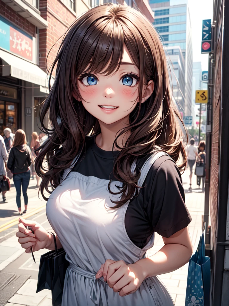 ((masterpiece)), ((best quality)), (ultra-detailed), ((kawaii)), cute, (lovely), ((extremely detailed)), 4K, (8K), best quality, (beautiful), illustration, body shot, dynamic pose, urban, summer day, young woman, a cute girl, 1girl, solo, college student, shopping, spree stylish attire, bright city streets, joyful energy, colorful bags, trendy shops, (beautiful hair), brown hair, (beautiful eyes), laugh, blush, natural lighting, ambient light, long shadows,