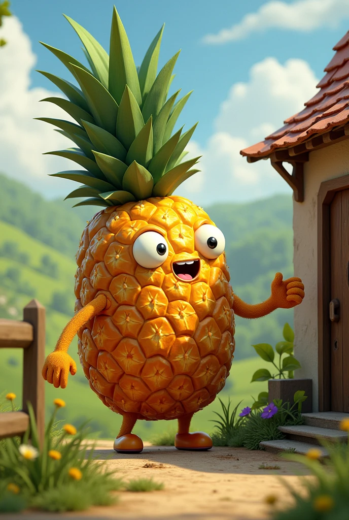 Pineapple knocking on the door of a little house in the countryside