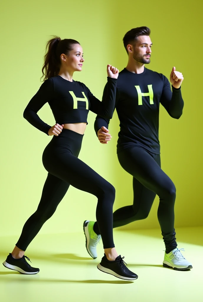 General image of a man and woman exercising in black long-sleeved sports outfits and leggings with a lemon green H letter logo