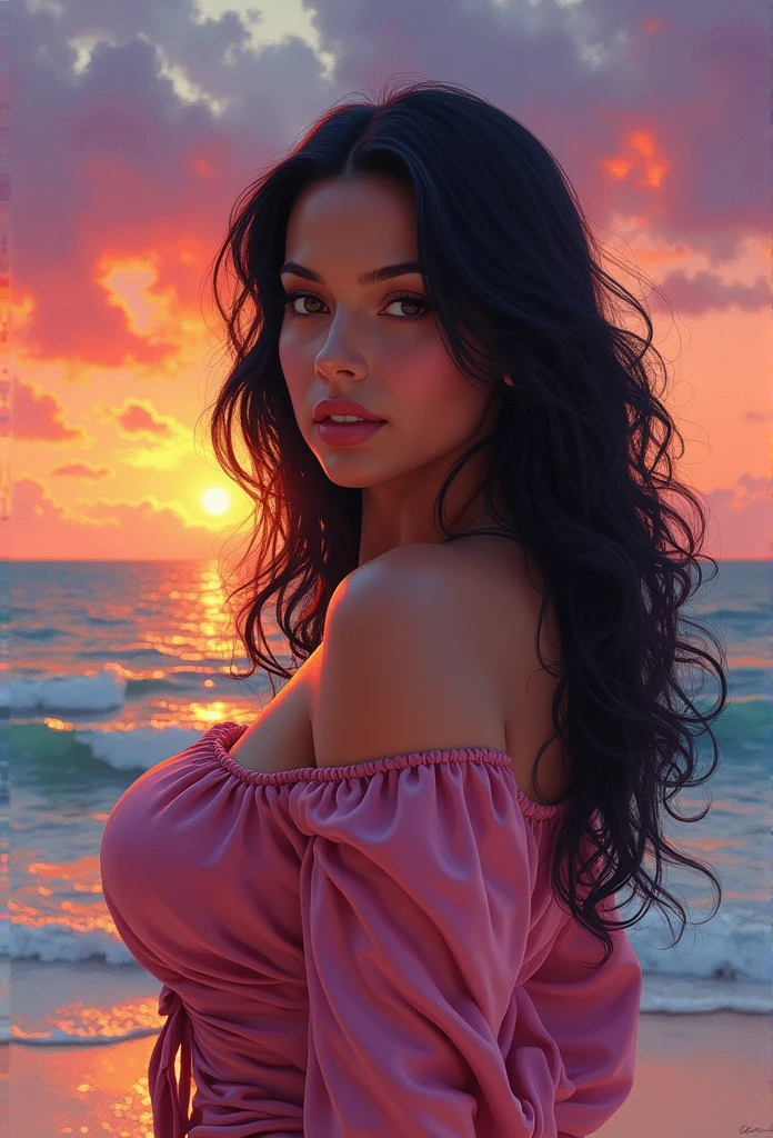 a water color painting of a Mexican woman, plump and curvy body, with a silk shirt and a colorful sunset beach background, gorgeous digital painting, beautiful character painting, elegant digital painting, fully clothed. painting of sexy, hd digital painting, beautiful digital painting, detailed painting 4 k, stunning digital painting, gorgeous woman, realistic female portrait, beautiful digital artwork, Mexican woman with black hair