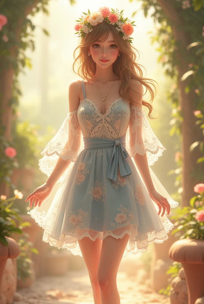 Ultra high quality,High heel,Lace Shawl,Smile,Sunlight,Light blue floral skirt,Wear flowers on your head,charming,Ribbon,High heel,Long legs,student