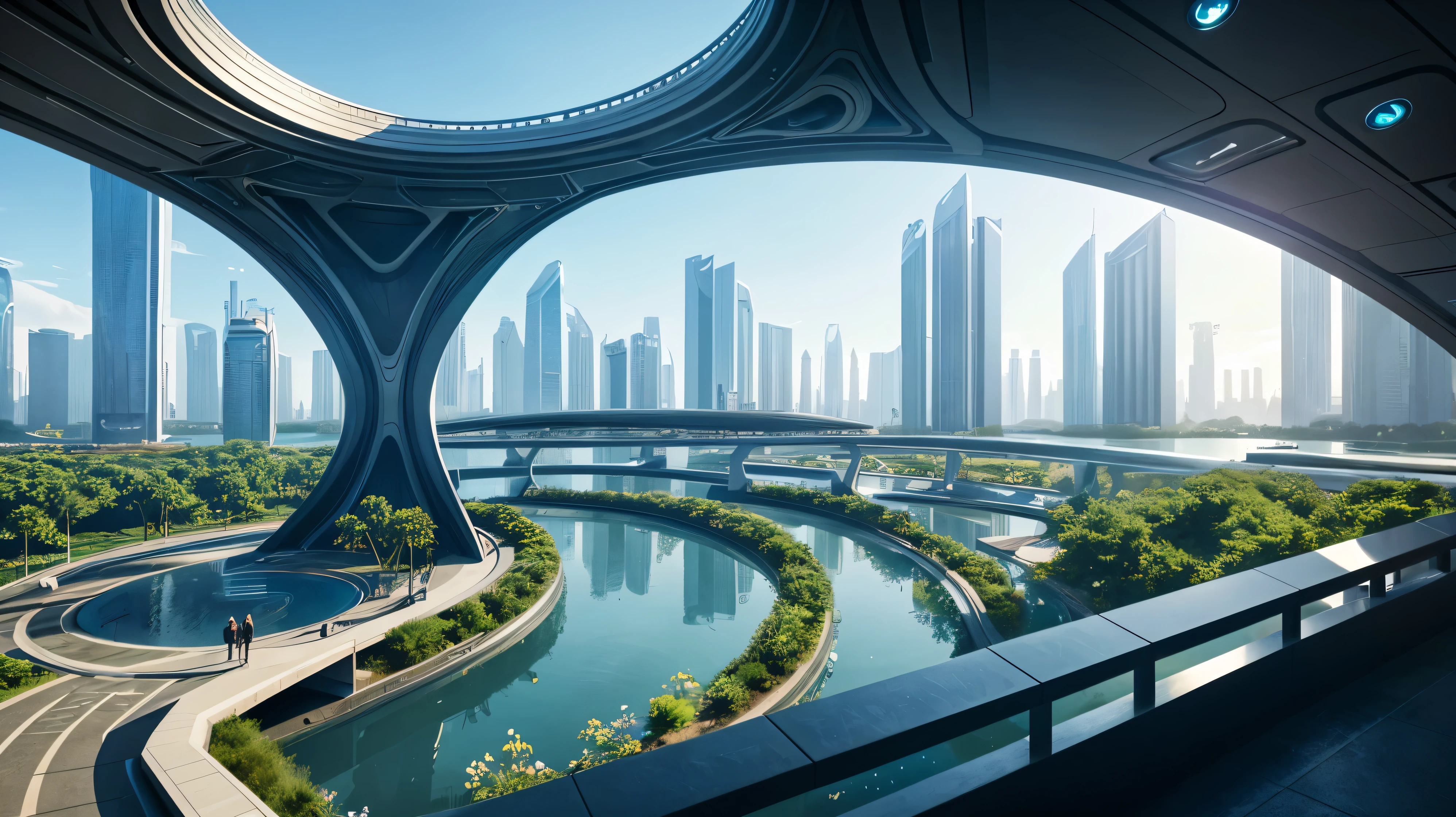 scifi, beautyful futuristic park, architectual, organic skyscraper, cyberpunk, futuristic, lake, people, hightech, hard-surface design, daylight, much tech, much electronic, very cozy, ambient light, realistic view, wide angle, year 2224