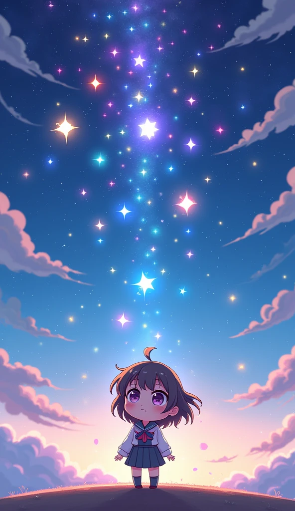 Mr.々There are a lot of star-shaped objects in various colors., Floating in the sky, A chibi character is staring at it., Anime manga illustration cartoon style