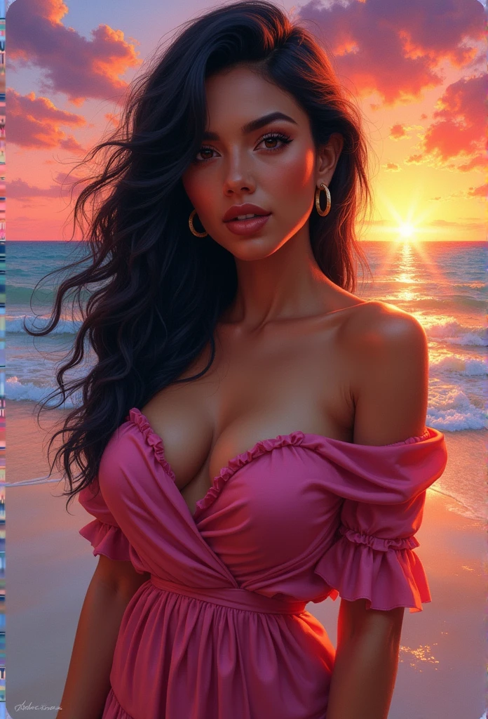 a water color painting of a Mexican woman, plump and curvy body, with a silk shirt and a colorful sunset beach background, gorgeous digital painting, beautiful character painting, elegant digital painting, fully clothed. painting of sexy, hd digital painting, beautiful digital painting, detailed painting 4 k, stunning digital painting, gorgeous woman, realistic female portrait, beautiful digital artwork, Mexican woman with black hair