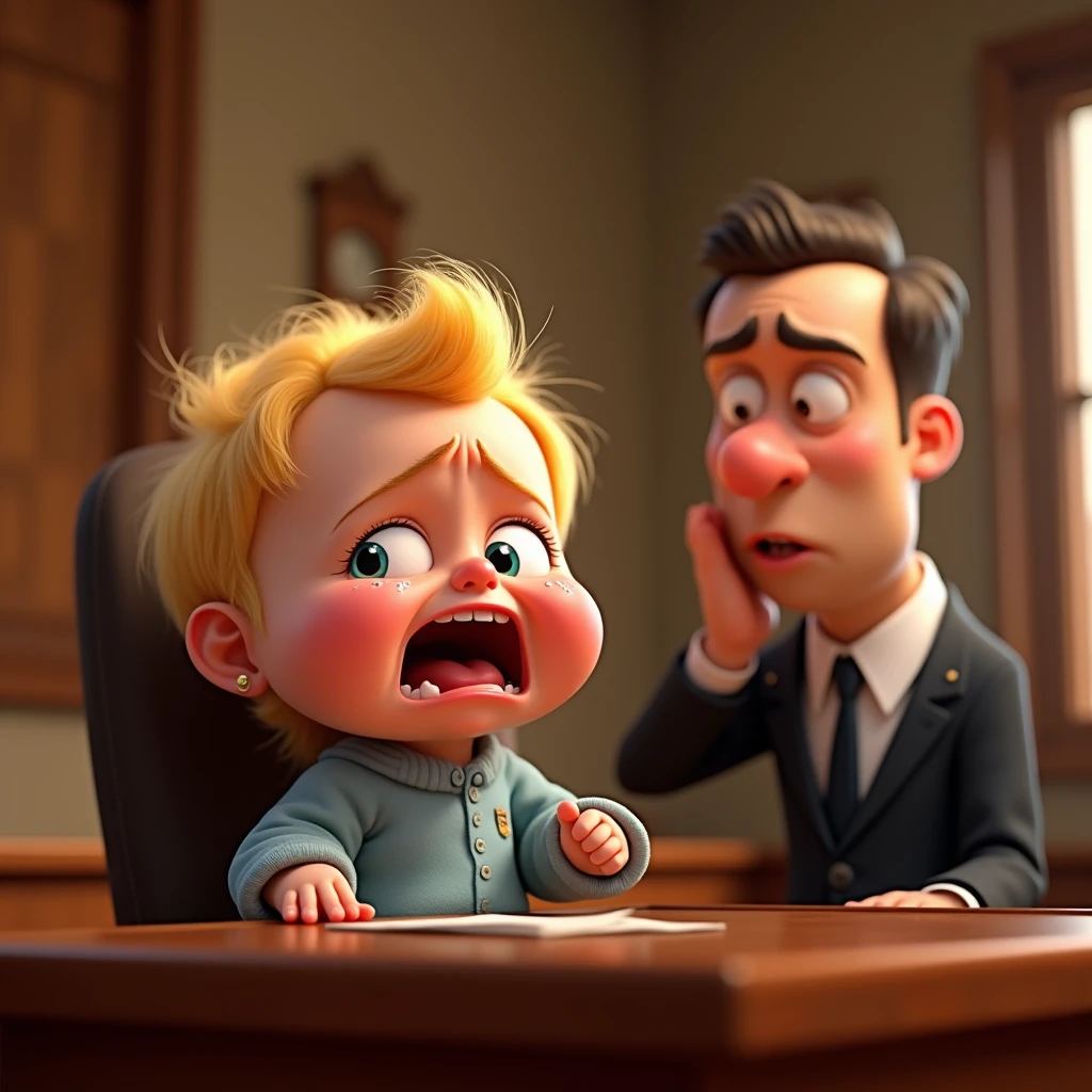 Im Stil von Pixar 3D- The animated film, Caricature. A with blond hair sits in the dock in court, crying tears and screaming. A lawyer sits next to him and embarrassedly holds his hand in front of his eyes (facepalm).