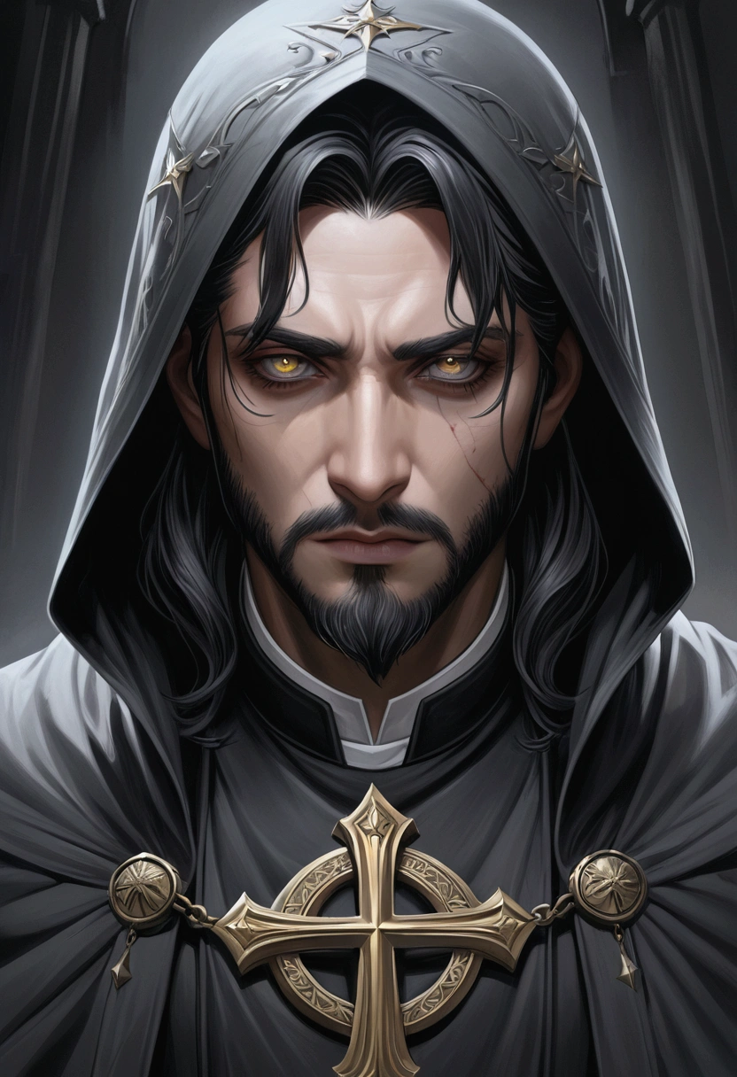 Realistic Digital Painting with Concept Art Elements"," digital painting," "concept art," "realistic," "high detail", "muscular",, "high-res", "ominous aura,", "8k resolution", "oil painting", "darker tone" , "little saturation" ,"dark feeling", "concept art" , "detailed features" , "detailed eyes" "1man" , "short beard black", "long black hair" , "cold eyes" , "dark bags under eyes" , "dangerous" , "bloody" , "priest"