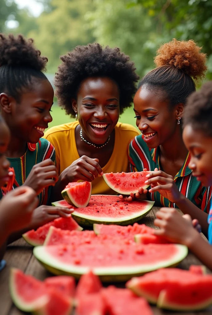 black people eating watermelon with the word kaliber below it