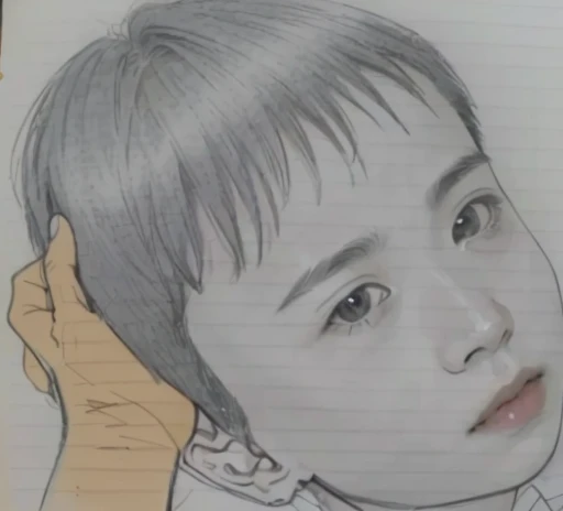 picture of a young boy with a medal around his neck, Detailed face of asian boy, by Ayako Rokkaku, Inspired by Takeharu Matsumura, By Yasutomo Oka, Pencil sketch, Close-up portrait, By Yuki Ogura, Inspired by Huang Gongwang, Based on a child's picture, picture、Generate a color photo。more more more、Generate it with a smile。Make the cheeks fuller and create nasolabial folds。A cute 3 year old boy、Smile and laugh、From the nostrils to the mouth、I have nasolabial folds on both sides.、Generate a brighter smile。 More more more more、Please make it live-action。Generate a color photo。