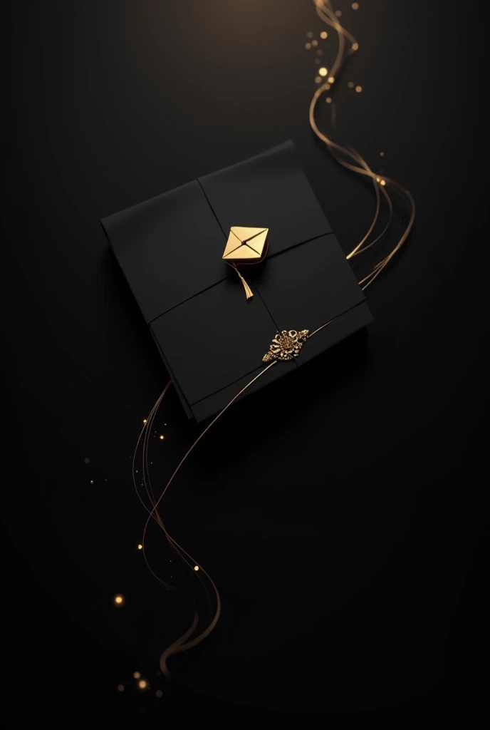 Give me the black background with elegant little gold details and a little grad cap on top for a grad invitation card and no flowers