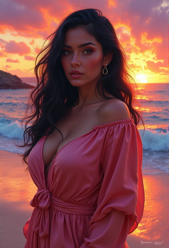 a water color painting of a Mexican woman, plump and curvy body, with a silk shirt and a colorful sunset beach background, gorgeous digital painting, beautiful character painting, elegant digital painting, fully clothed. painting of sexy, hd digital painting, beautiful digital painting, detailed painting 4 k, stunning digital painting, gorgeous woman, realistic female portrait, beautiful digital artwork, Mexican woman with black hair