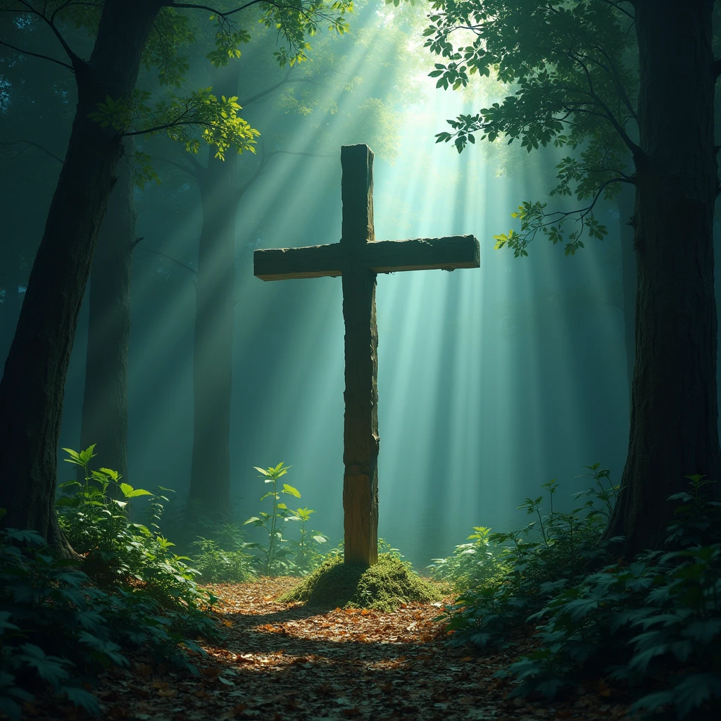 there is a cross in the middle of a forest with a lot of leaves, religious, cross, by Eglon van der Neer, magical forest backround, by Eugeniusz Zak, cross composition, by Ludwik Konarzewski Jr, forest ray light, beautiful and mysterious, background artwork, scary magical background, highly rendered