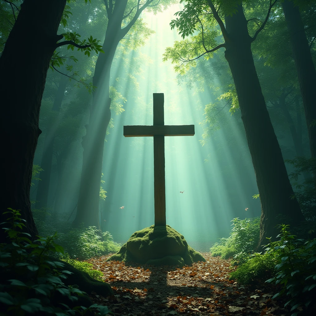 there is a cross in the middle of a forest with a lot of leaves, religious, cross, by Eglon van der Neer, magical forest backround, by Eugeniusz Zak, cross composition, by Ludwik Konarzewski Jr, forest ray light, beautiful and mysterious, background artwork, scary magical background, highly rendered