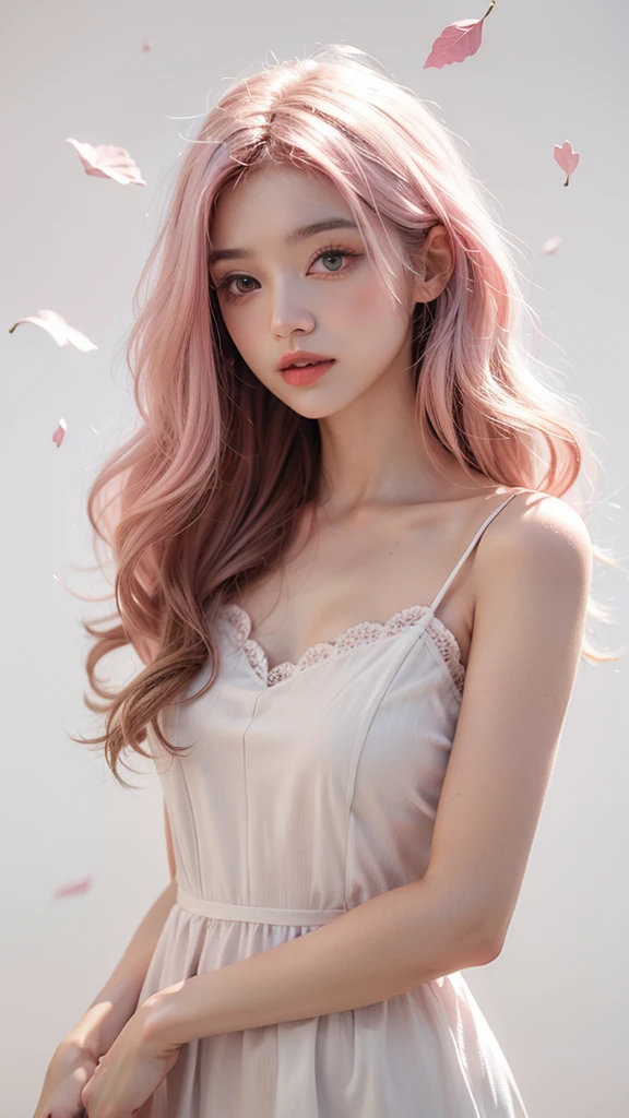 Light pink hair, Pink Eyes, Pink and white, Cherry leaves, Vibrant colors, White Dress, Paint Splash, Simple Background, Ray Tracing, Wavy Hair