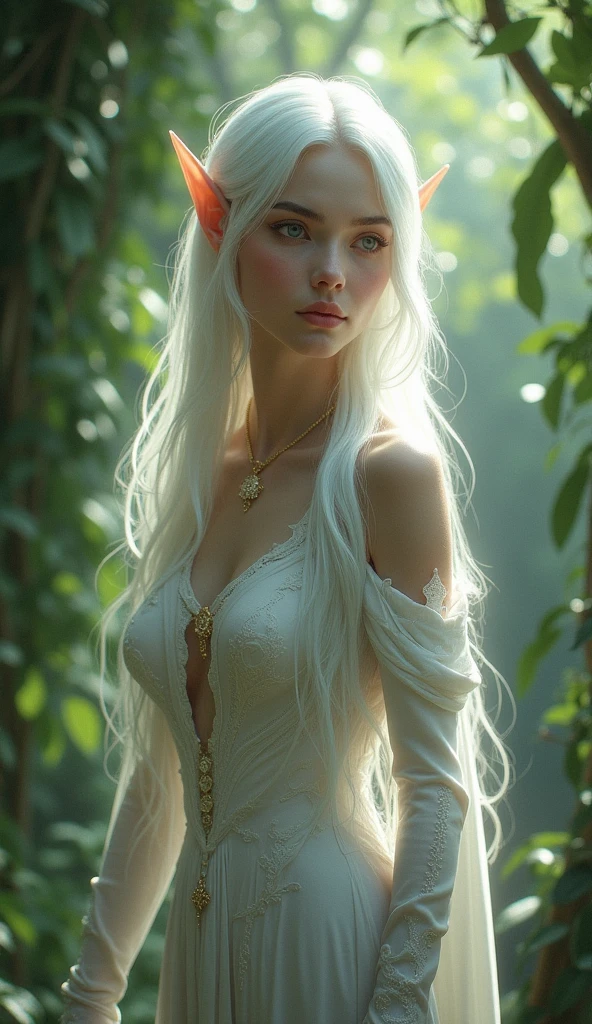 elf woman, white hair, slim waist, highly detailed full body, realistic, 4k.