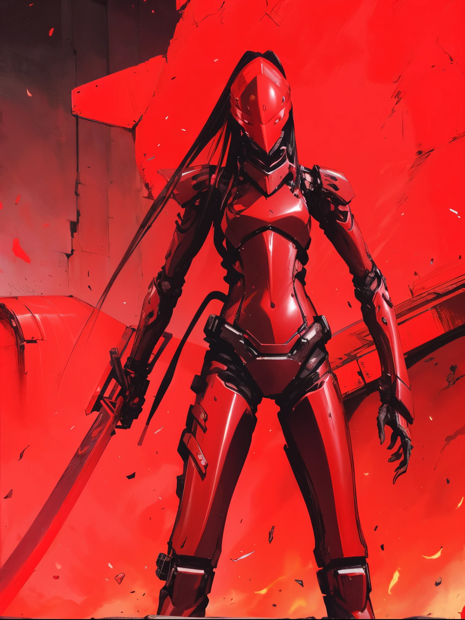 A futuristic cyber warrior in an aggressive stance, prepared for battle. The character is in a low position, with legs extended and firmly planted, while holding a red katana that emits an intense, fiery glow. The warrior wears black, sturdy armor., with angular and sharp details, and multiple metallic cables or tentacles extending from its back. The helmet is dark and completely covers the face., showing only a bright red heartbeat-shaped line running horizontally across the visor, adding an intimidating and technological air. The background is minimalist, with a greyish tone, and small red sparks or particles floating in the air, complementing the dark and dynamic atmosphere of the scene. The style of the image is dark and dystopian, with a focus on contrasts of light and shadow, highlighting the red details against the predominant black and grey.