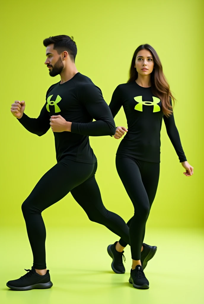 General image of a man and woman exercising in black long-sleeved sports outfits and leggings with a lemon green H letter logo