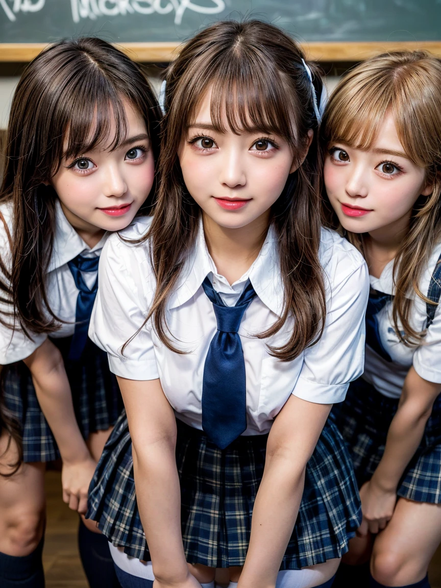 Browsing Caution, ((masterpiece)), ((Highest quality)), (Very detailedな), ((cute)), cute, (Multi-point), ((sexy)), (device), ((Very detailed)), 4K, (8k), Highest quality, (beautiful), hyper cute face, shape, Anime Style,hyper Genuineistic, Genuine, Dynamic Angle, ((whole body)), ((Navy high socks and brown loafers))、close, Thick outline, Clear contours, at school, (Three Girls, 3 cute girls:1.5), (Schoolgirl Uniform :1.5), beautiful light brown hair, beautiful brown eyes, ((beautiful eyes)), (Leaning forward:1.5), (Under the skirt:1.5), short hair, Big Breasts, smile