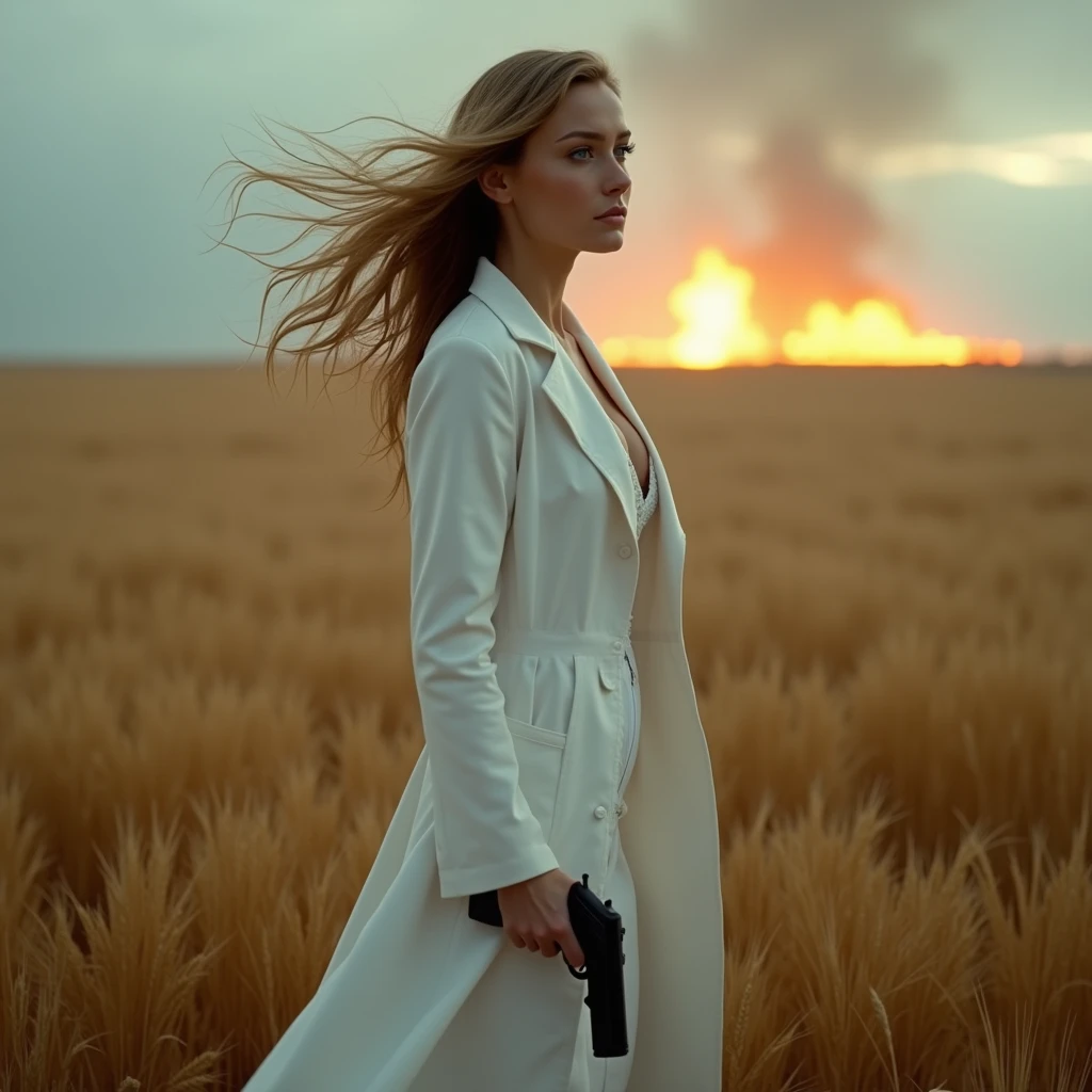 Naked woman in white coat, middle-aged woman, beautiful woman, open body, light autumn rain, full body portrait, staying in a wheat field, pistol with silencer in right hand, pistol with silencer, gun in right hand, profile shot from the right side, beautiful nipples, wind blows, photo from far distance, ultra wide shot, fire on the background