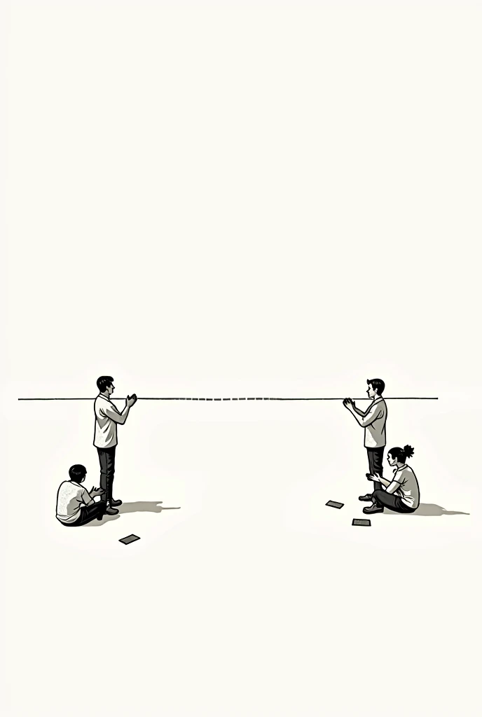 drawing of two people standing separated by a horizontal line 5 meters from foot to foot, and each person is clapping and each person has another person behind them sitting on the floor with a cell phone and a notebook on the floor.