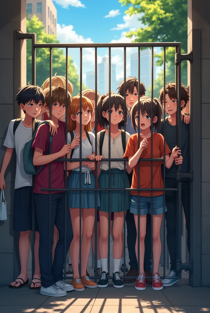 Create an image of a crowd of students behind a gate waiting to go down for lunch