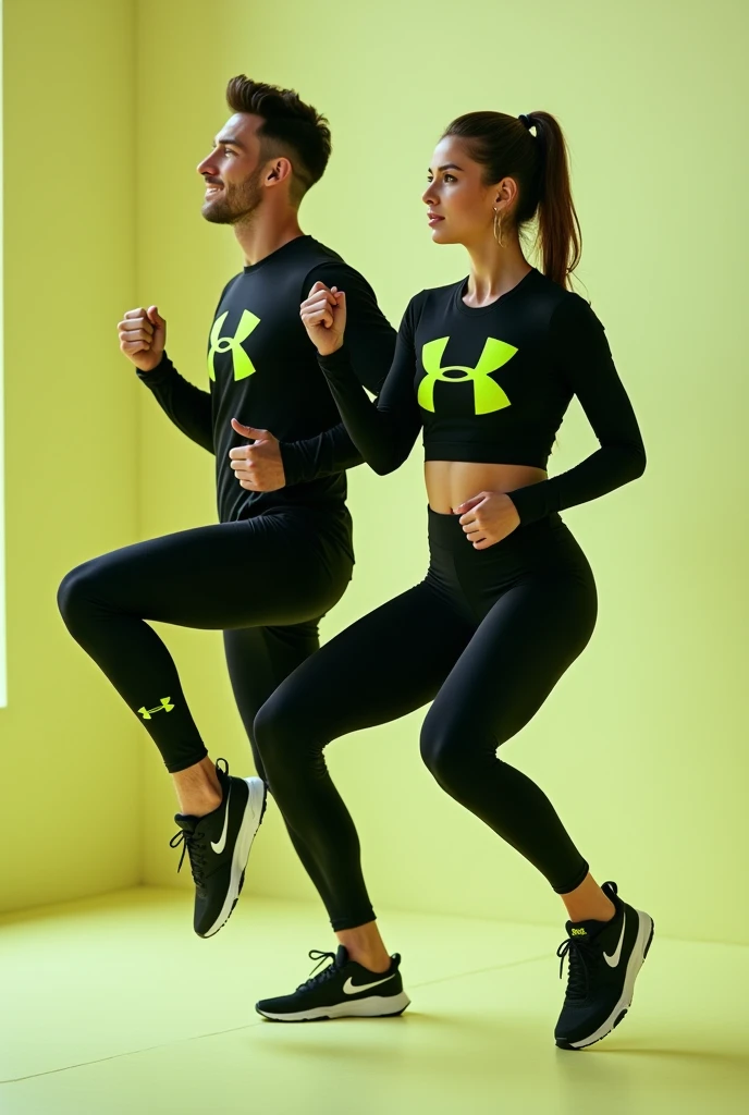 General image of a man and woman exercising in black long-sleeved sports outfits and leggings with a lemon green H letter logo