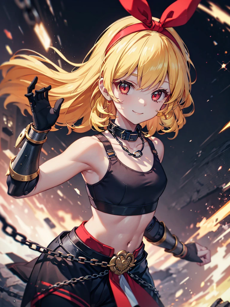 (RED Ribbon on HAIRband:1.2),A boyish female warrior with short yellow-white messy hair, wearing metal gauntlets, in a fighting stance, smiling, revealing clothing, small breasts, toned muscles, and a slender build  Electricity is emitted from both hands, sports bra type armor, armor from the waist to the knees, supple legs, black bangles on the upper arms, and a collar with a chain