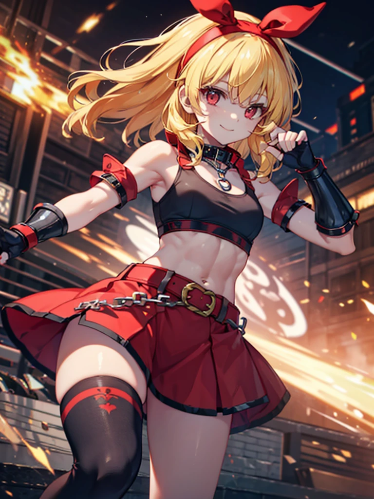 (RED Ribbon on HAIRband:1.2),A boyish female warrior with short yellow-white messy hair, wearing metal gauntlets, in a fighting stance, smiling, revealing clothing, small breasts, toned muscles, and a slender build  Electricity is emitted from both hands, sports bra type armor, armor from the waist to the knees, supple legs, black bangles on the upper arms, and a collar with a chain