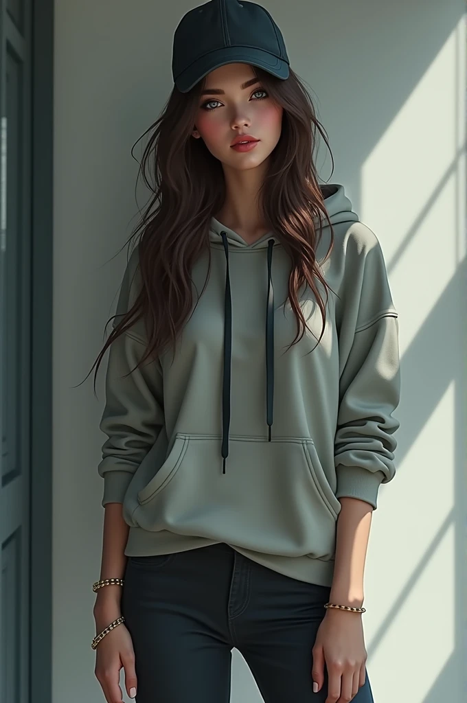 An introvert girl with red lips and bluish grey eyes who's really pretty and has perfect body and boobs .... Wears a loose hoodie and three quarter pants and a cap that holds her knee length hair.