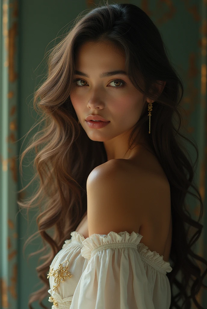 Beautiful árabe girl with wavy long hair, pratical dress