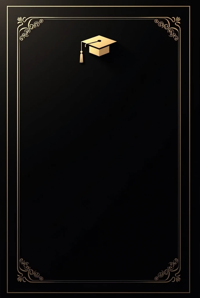Give me the black background with elegant little gold details and a little grad cap on the top right for a grad invitation card and no flowers