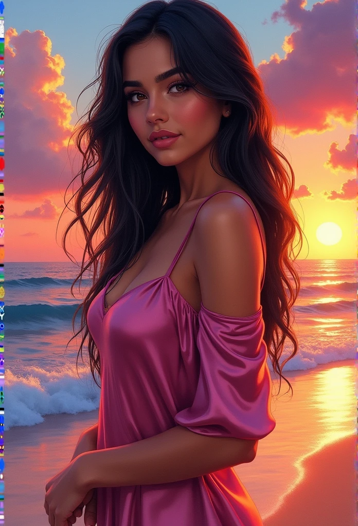 a water color painting of a Mexican woman, plump and curvy body, with a silk shirt and a colorful sunset beach background, gorgeous digital painting, beautiful character painting, elegant digital painting, fully clothed. painting of sexy, hd digital painting, beautiful digital painting, detailed painting 4 k, stunning digital painting, gorgeous woman, realistic female portrait, beautiful digital artwork, Mexican woman with black hair