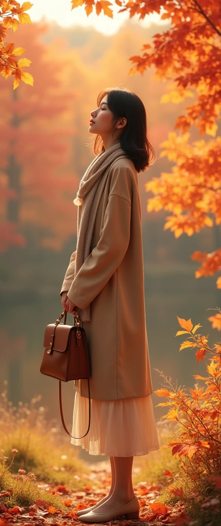 High resolution、Realistic、RAW Photos、Detailed Background、Beautiful in every detail、20 year old Japanese woman、Perfect body line、Bobcut、Wavy Hairstyle、Show the whole body、

As the cool autumn breeze blows、Pretty woman、紅葉したwood々Standing against the backdrop of、
A soft mid-calf dress、Wearing a beige coat、Boots on your feet、A scarf is wrapped around the neck.、
With both hands elegantly placed on the bag、wood々I am looking at the scenery dyed red and yellow.、
The woman&#39;s expression is calm and gentle.、It seems to blend into the autumn nature.、
As the sunlight shines softly、Women seem to be enjoying the tranquil atmosphere that is unique to this season to their heart&#39;s content.、
There、A woman feeling the comfortable arrival of autumn、An elegant and delicate appearance emerges.、very beautiful