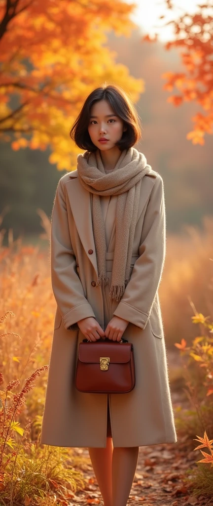 High resolution、Realistic、RAW Photos、Detailed Background、Beautiful in every detail、20 year old Japanese woman、Perfect body line、Bobcut、Wavy Hairstyle、Show the whole body、
As the cool autumn breeze blows、Pretty woman、紅葉したwood々Standing against the backdrop of、
A soft mid-calf dress、Wearing a beige coat、Boots on your feet、A scarf is wrapped around the neck.、
With both hands elegantly placed on the bag、wood々I am looking at the scenery dyed red and yellow.、
The woman's expression is calm and gentle.、It seems to blend into the autumn nature.、
As the sunlight shines softly、Women seem to be enjoying the tranquil atmosphere that is unique to this season to their heart's content.、
There、A woman feeling the comfortable arrival of autumn、An elegant and delicate appearance emerges.、very beautiful