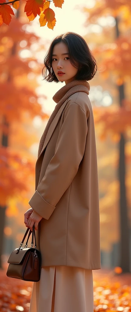 High resolution、Realistic、RAW Photos、Detailed Background、Beautiful in every detail、20 year old Japanese woman、Perfect body line、Bobcut、Wavy Hairstyle、Show the whole body、

As the cool autumn breeze blows、Pretty woman、紅葉したwood々Standing against the backdrop of、
A soft mid-calf dress、Wearing a beige coat、Boots on your feet、A scarf is wrapped around the neck.、
With both hands elegantly placed on the bag、wood々I am looking at the scenery dyed red and yellow.、
The woman&#39;s expression is calm and gentle.、It seems to blend into the autumn nature.、
As the sunlight shines softly、Women seem to be enjoying the tranquil atmosphere that is unique to this season to their heart&#39;s content.、
There、A woman feeling the comfortable arrival of autumn、An elegant and delicate appearance emerges.、very beautiful