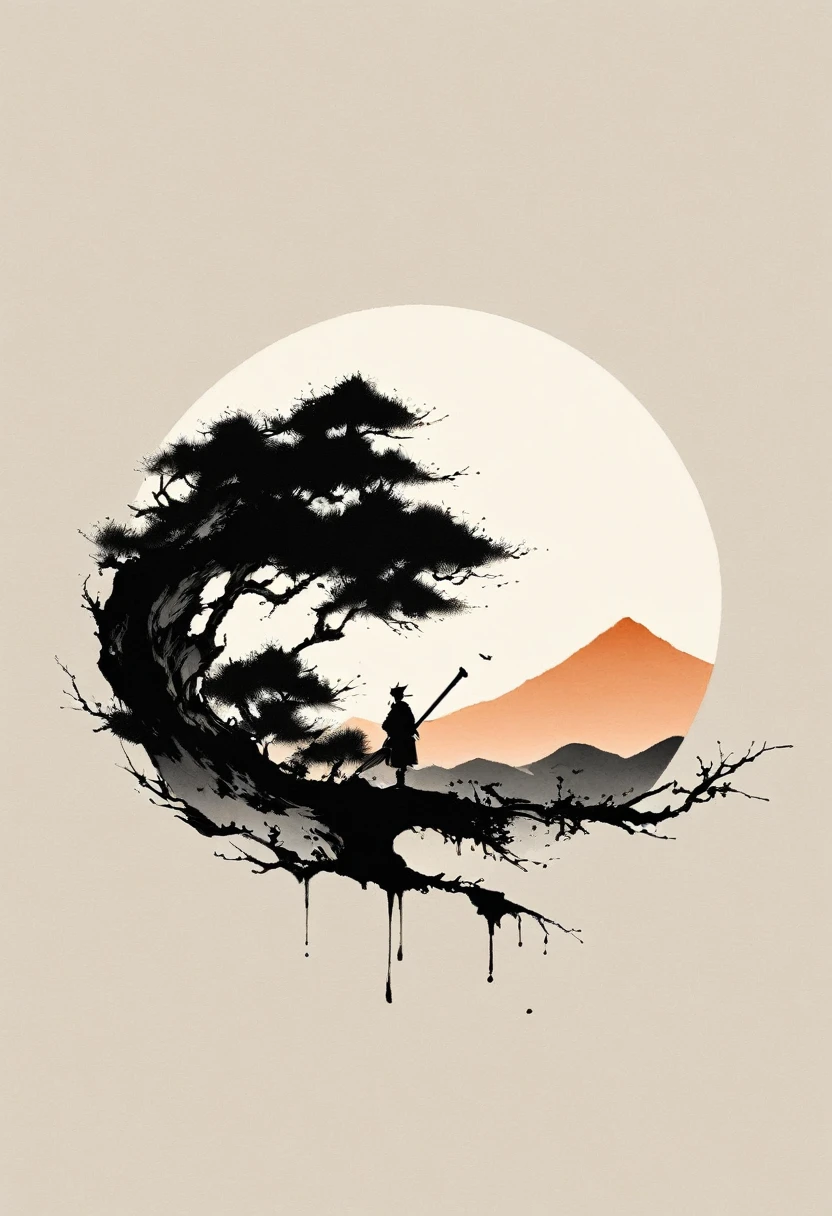 芸術的なInk Painting，立体的なInk Painting，Minimalism，Minimalist Graphics，Minimal Art，Chinese anime，whole body，Chinese style，Ancient，Ink Painting，sunrise，Distant Mountain々，Black and white background，古典様式blank，blank，Large blank，Texture Matte，Low saturation，Minimalist Composition，Master Composer
