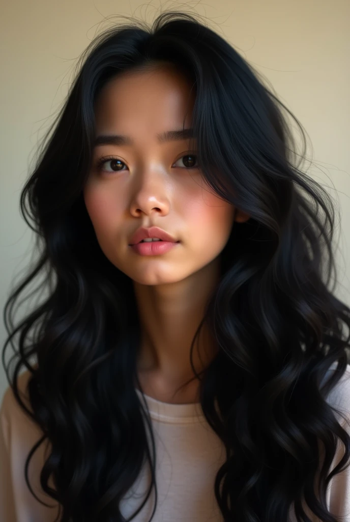 I want a college student who is young and has long black hair with waves like a human and not anime
