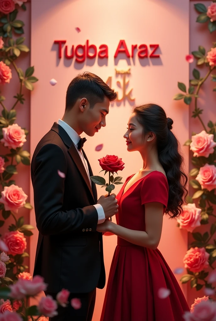 A romantic and elegant photo of a 23-year-old man in a black suit and a 23-year-old woman in a red dress. The man gently hands the woman a rose. They are surrounded by roses and petals. The background is a soft, warm light pink wall with the name "TUGBA ARAZ" written in 3D lettering and the name "aSk" with a different logo. The lighting is soft and dreamy.