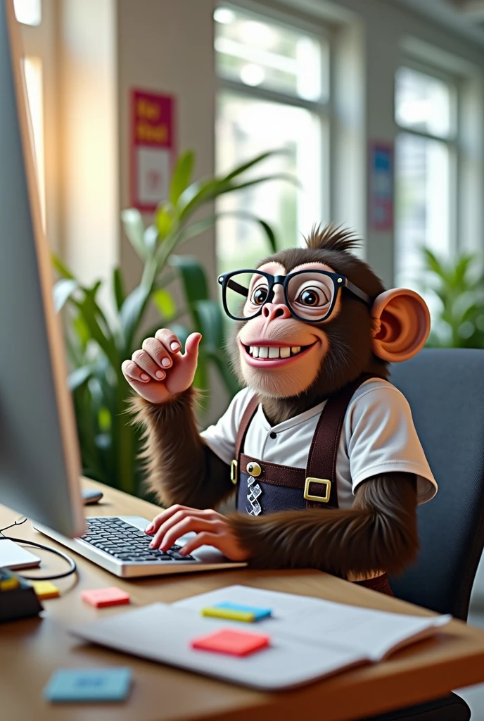 a monkey with bavarian lederhosen, in the office, with glasses working on a computer, joyful, Laugh , ambitious, telephoned, 