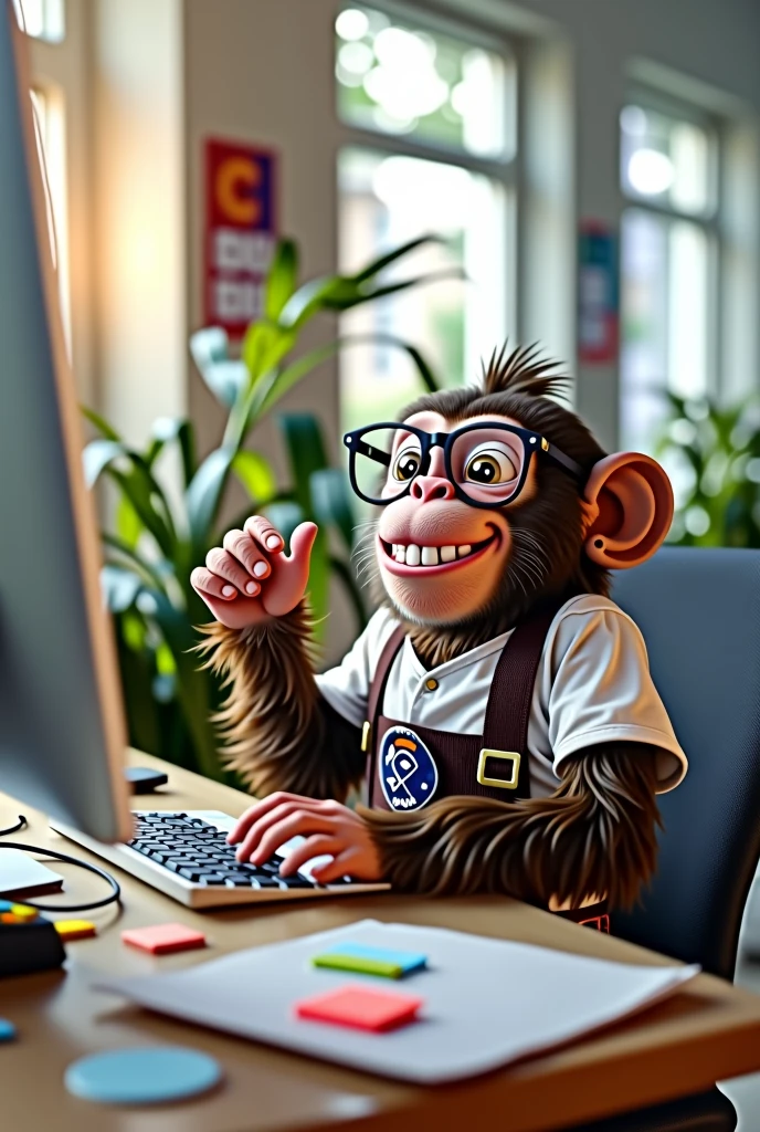 a monkey with bavarian lederhosen, in the office, with glasses working on a computer, joyful, Laugh , ambitious, telephoned,