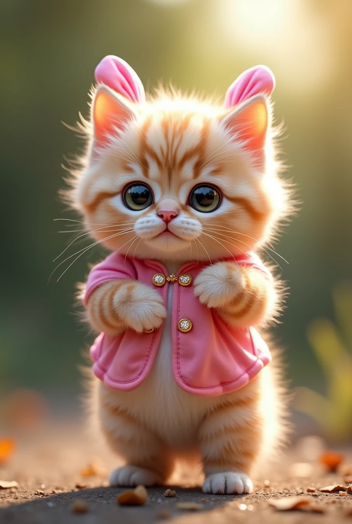 A small Scottish Fold kitten standing facing forward with its front legs raised。Realistic feel。
Big eyes with a cute, human-like expression。Slightly larger head than body。
Dressed like an idol。Glossy texture。
The background is outdoors

